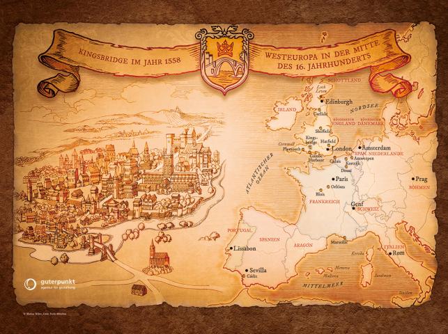 Illustration von Kingsbridge und Europa als Vorsatzkarte für »Das Findament der Ewigkeit«