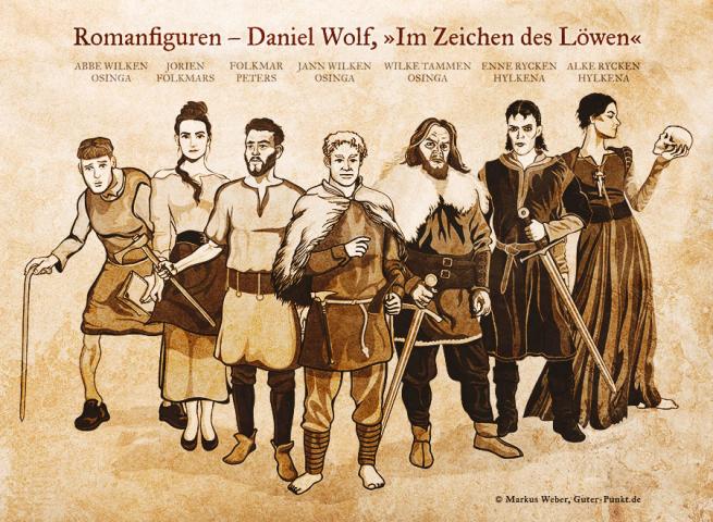 Illustration der Romanfiguren für »Daniel Wolf, Im Zeichen des Löwen« (Goldmann)
